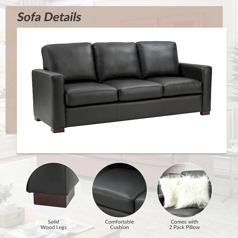 Ernando 83.46 Wide Genuine Leather Sofa with Squared Arms and Pillows