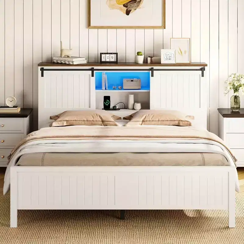 Bed Frame with LED Lighting and Charging Station