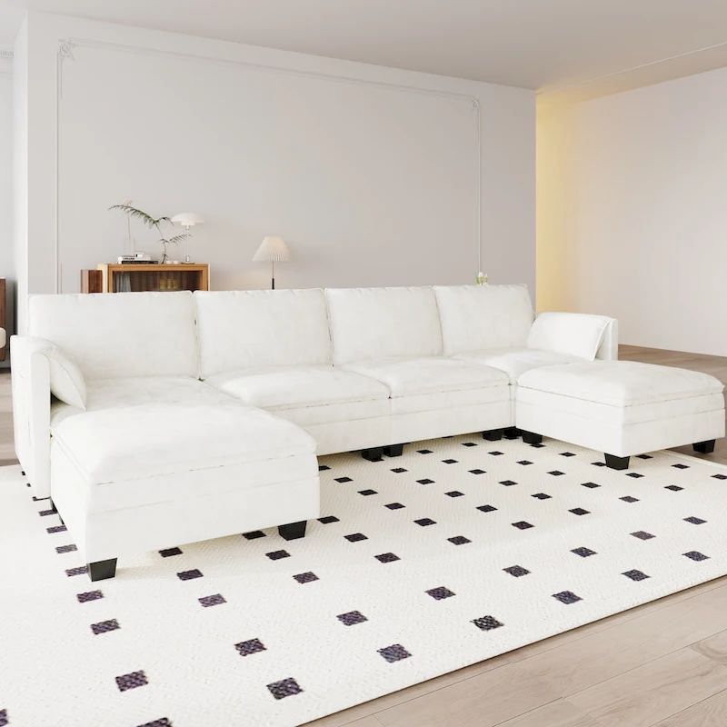 Christopher Knight Home - Noah 141.5 U-Shaped 6-Seater Sofa Couch with Movable Ottoman and Armrest Pockets, Fabric Upholstery