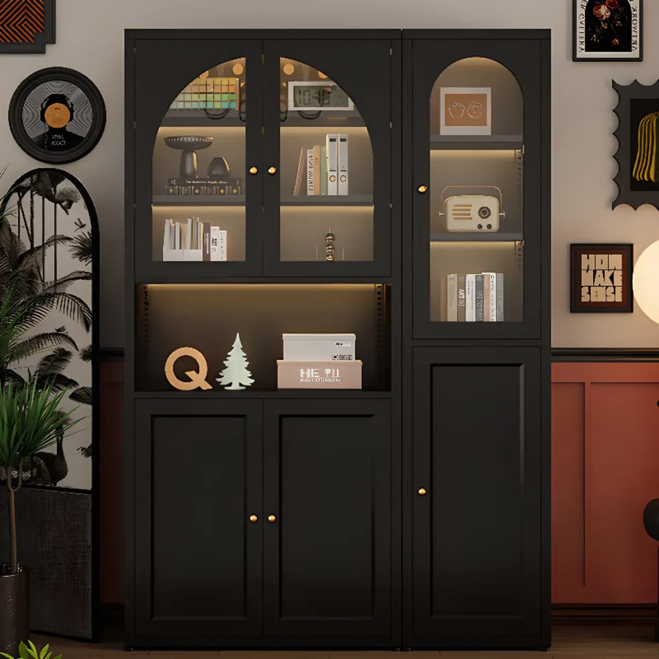 Large 6-Tier Modern Metal Black Cabinet Bookcase with Doors