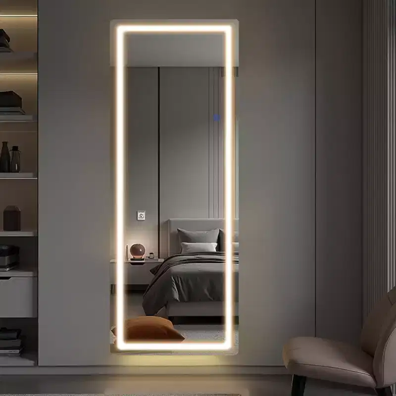 MAYEERTY Full Body Rectangle Corner Aluminum Alloy Framless Rounded Mirror with Stand for Living Room Bedroom White
