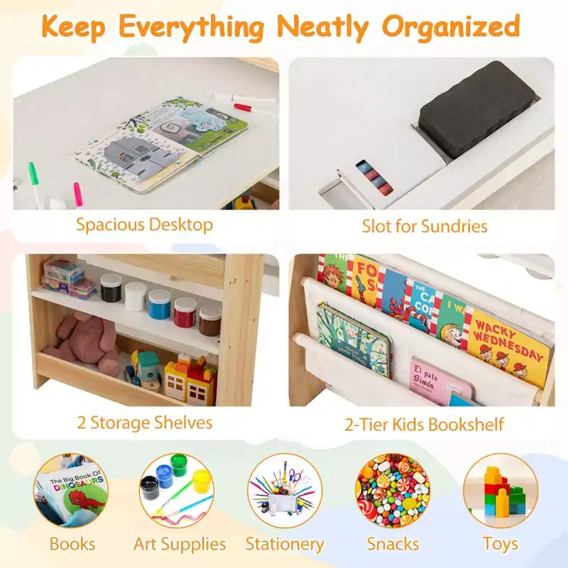 Costway Kids Art Table and Chair Set with Easel & Chair Whiteboard & Chalkboard Paper Roll