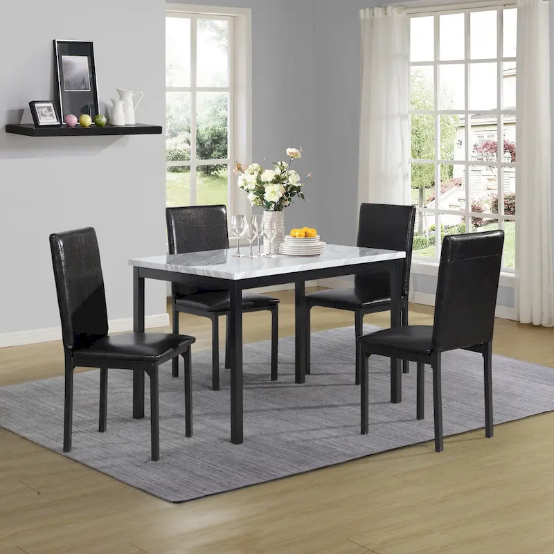 5-Piece Dining Table and Chair Set, Kitchen Dining Furniture Set with Faux Marble Rectangular Table and 4 Chairs