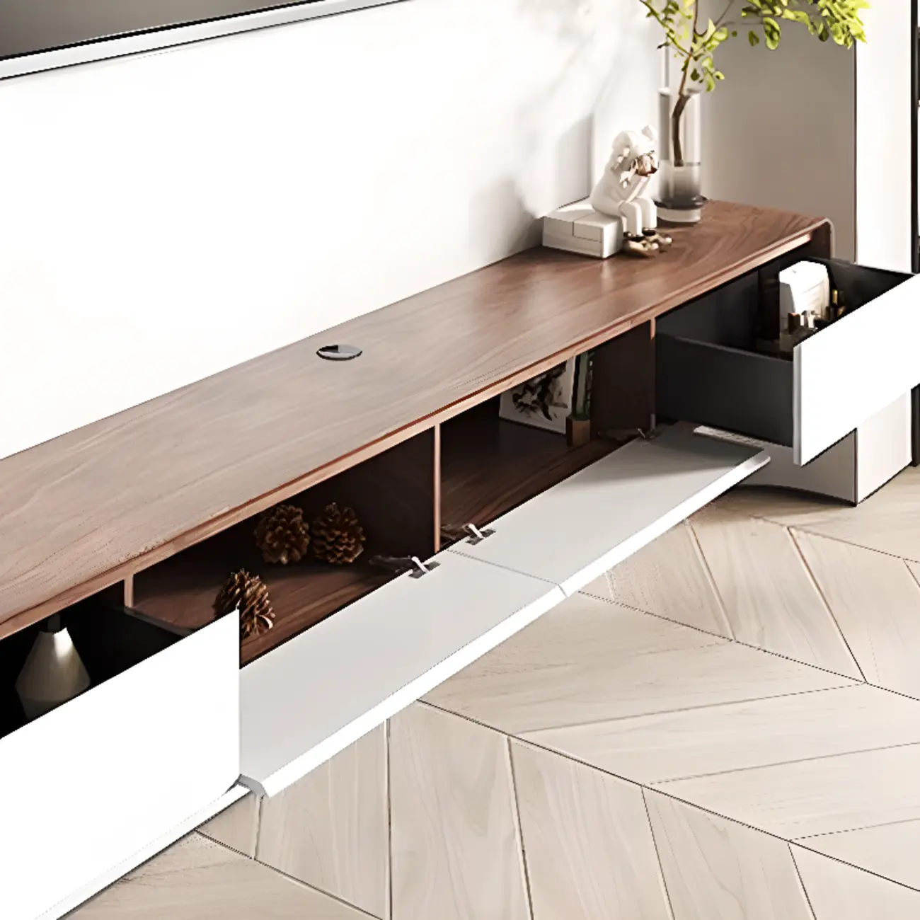 Walnut-Black Wood Drawers Floating Mount TV Stand Wall-Mounted
