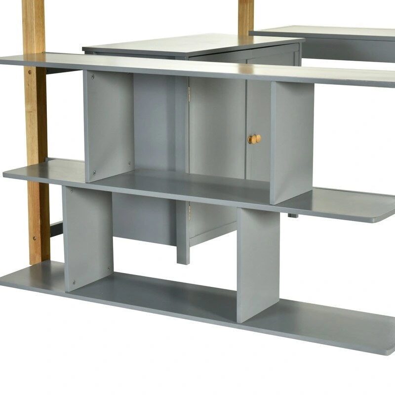 Full Size Wood Loft Bed With Built-in Storage Cabinet and Cubes, Foldable desk