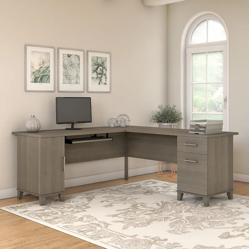 L-Shaped Desk with Storage, 72"W, Pullout Keyboard Tray, File Drawer, Seats 1, 10 Colors
