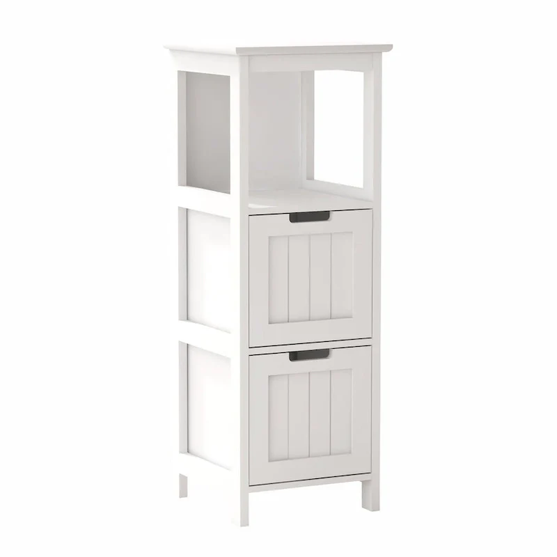 13W Narrow Floor Cabinet , 2-Drawer Bathroom Cabinet Organizer with Open Storage Shelf for Bath, Kitchen, Bedroom - White