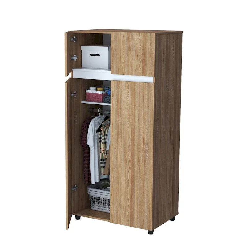 65-Inch Armoire Wardrobe with Hanging Rod and Shelves, Freestanding Bedroom Closet