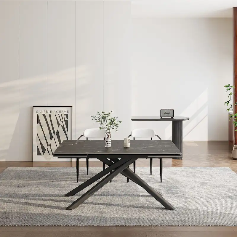 9 - Piece Extendable Sintered Stone Top Cross Legs Dining Set With 8 Fabric Chair