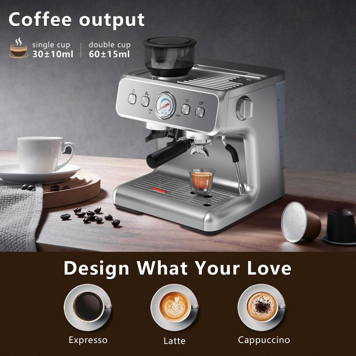 Semi-automatic Coffee Machine with Intelligent Temperature Control and Hot Water Function, 30 Grinding Settings