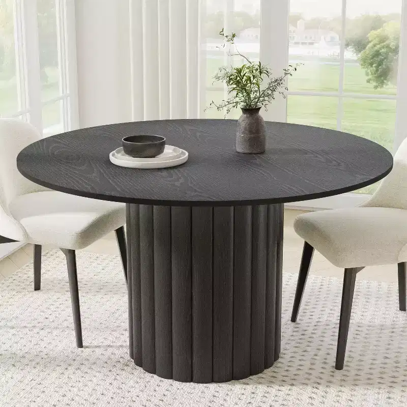 PexFix 52 Solid Wood Round Dining Table Kitchen Table for 4-6 with Tabletop & Textured Cylindrical Base for Living/Dining Room Coffee Office Black
