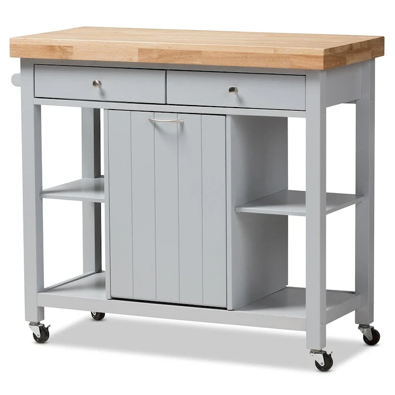 Farmhouse Grey Wood Kitchen Cart with Rubberwood Top