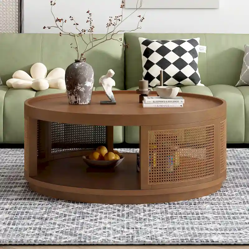 36.8 Wooden Mid-Century Modern Coffee Table, Round Cane Coffee Table with PE Rattan Side