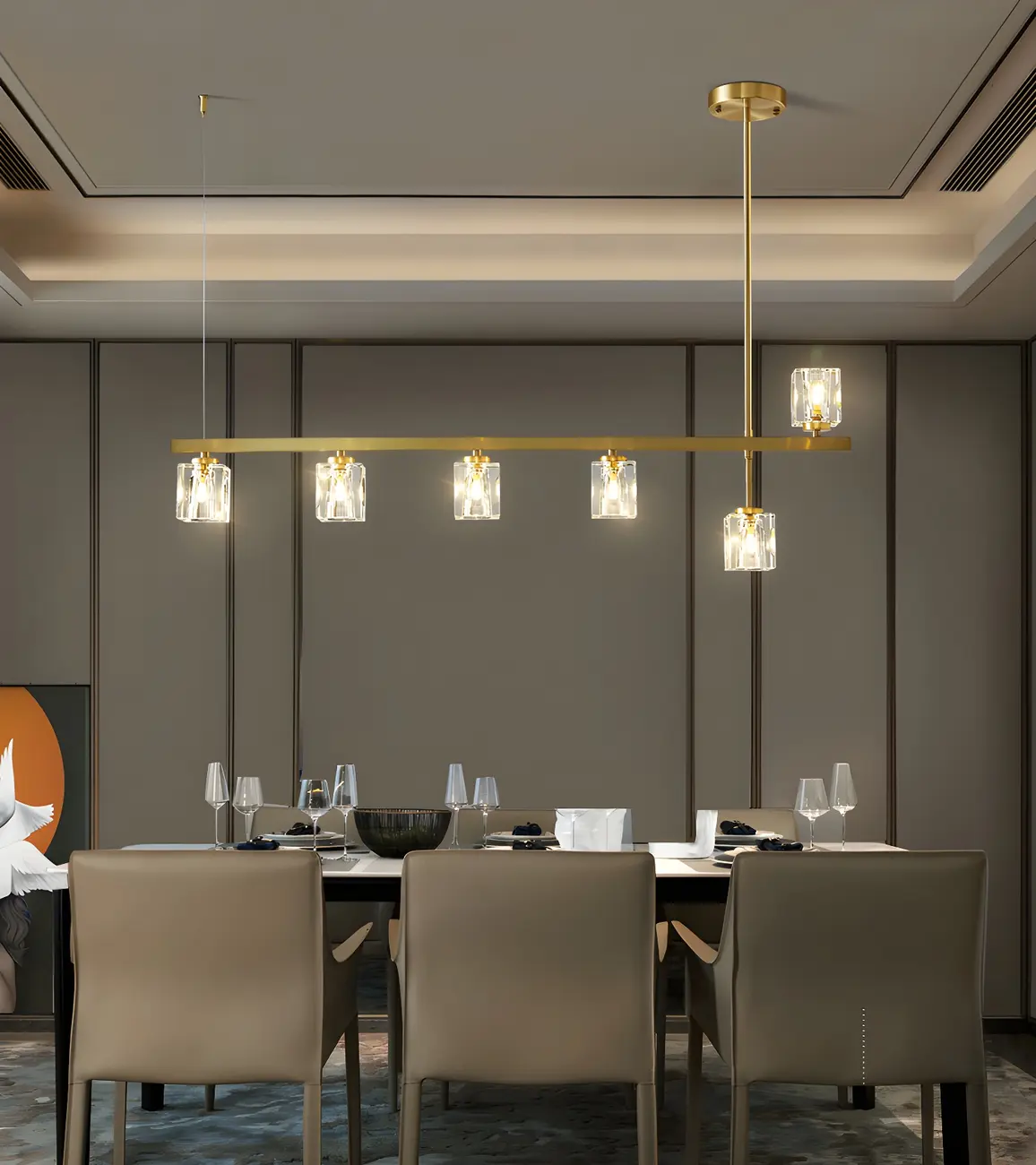 Geometric Gold Crystal Linear Island Pendant Light