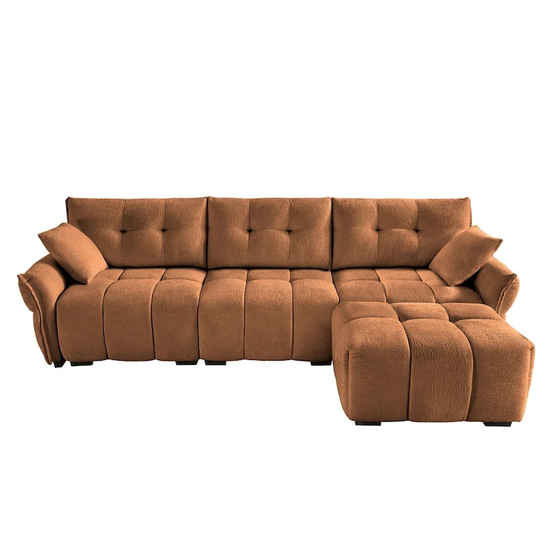 110.2 Chenille 3-Seater Sofa Set with Ottoman and Pillows, Solid Wood Frame and High-Resilience Cushions