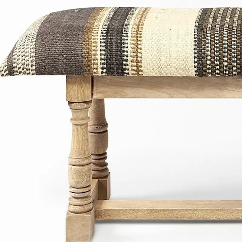 HomeRoots 59 Beige and Gray and Brown Upholstered Jute Striped Bench - 59