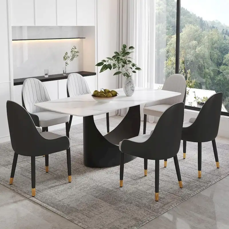 71 Black Marble Sintered Stone Table Top,Rectangle Dining Room Table with Unique U-Shape Black Carbon Steel Pedestal