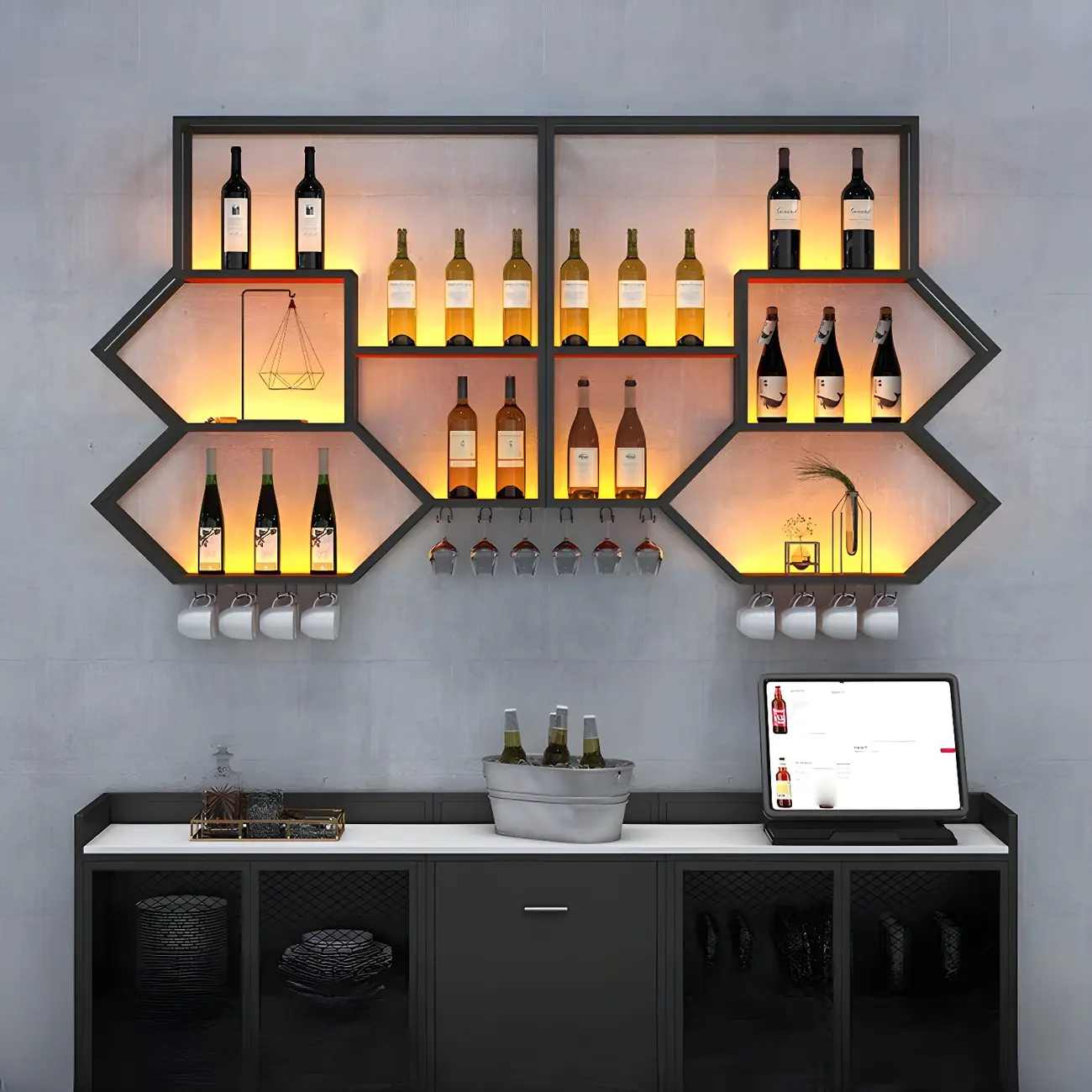 Black Metal Wall-Mounted Lighted Wine Rack
