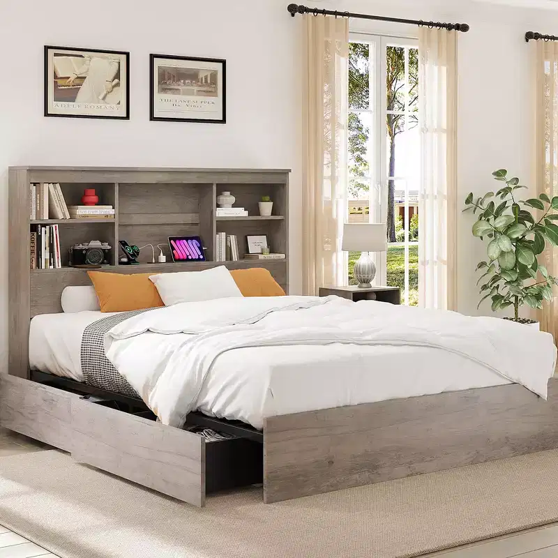 Vintage Grey Full Size Platform Bed Frame with Headboard, Storage Drawers and Outlets