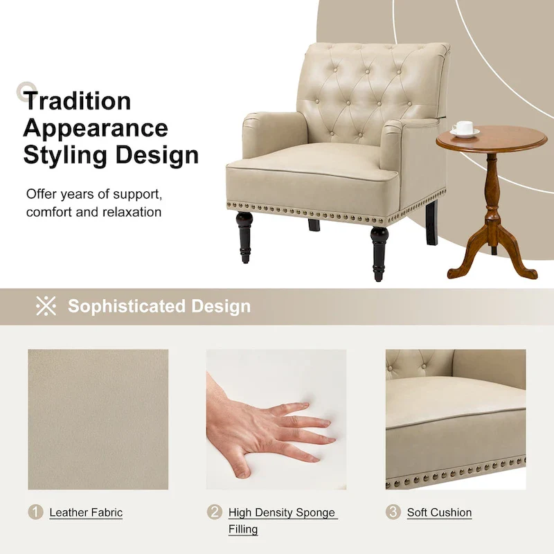 Button-Tufted PU Leather Accent Chair, Black/Brown/Beige, Nailhead Trim, Seats 1