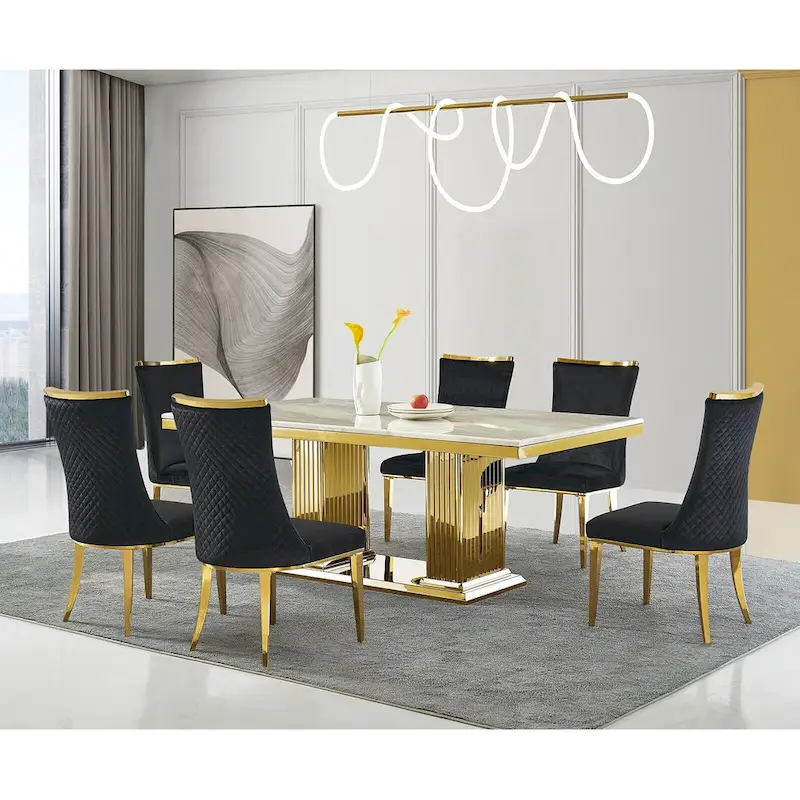 Velvet Dining Room Chairs with Reticulate Texture Back and Metal Trim Top
