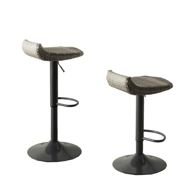 Max 34 Inch Outdoor Barstool, Black Resin Woven Wicker, Foldable, Set of 2