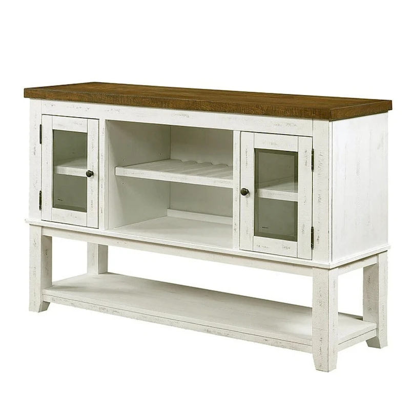 Bora 60 Inch Wood Server, 2 Glass Door Cabinets, Distressed White, Gray
