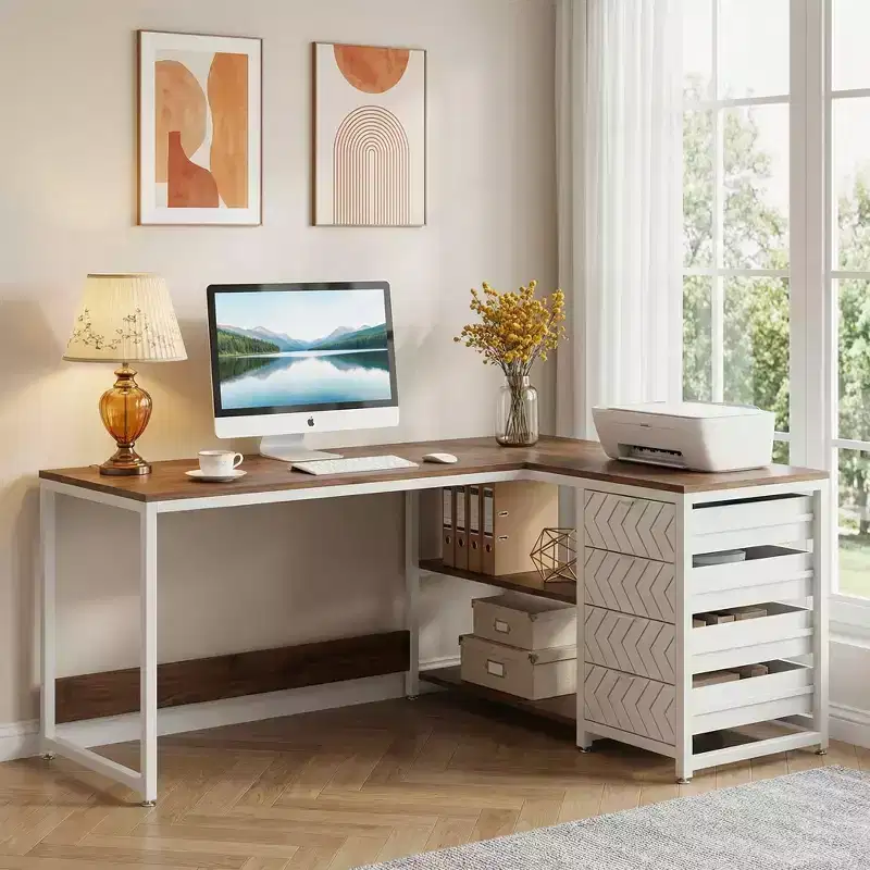 MAYEERTY Reversible L-Shaped Desk with 2-Tier Shelf & 4 Drawers
