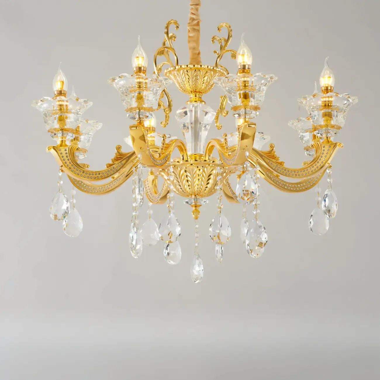 Living Room Golden Crystal Pendant Up Light Chandelier With Candelabra