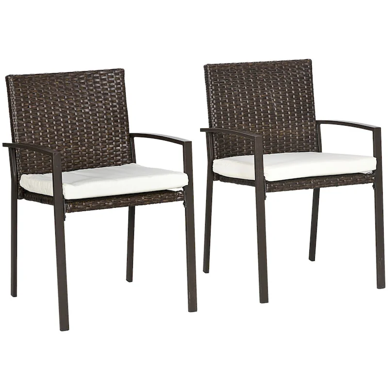 2 Piece PE Rattan Outdoor Dining Chairs with Cushion,Patio Wicker Dining Chair Set with Backrest