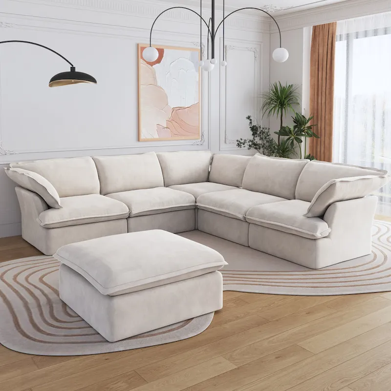 Modern Linen Upholstered Corner Sectional Sofa L-shaped Modular 5-Piece Couch with Ottoman