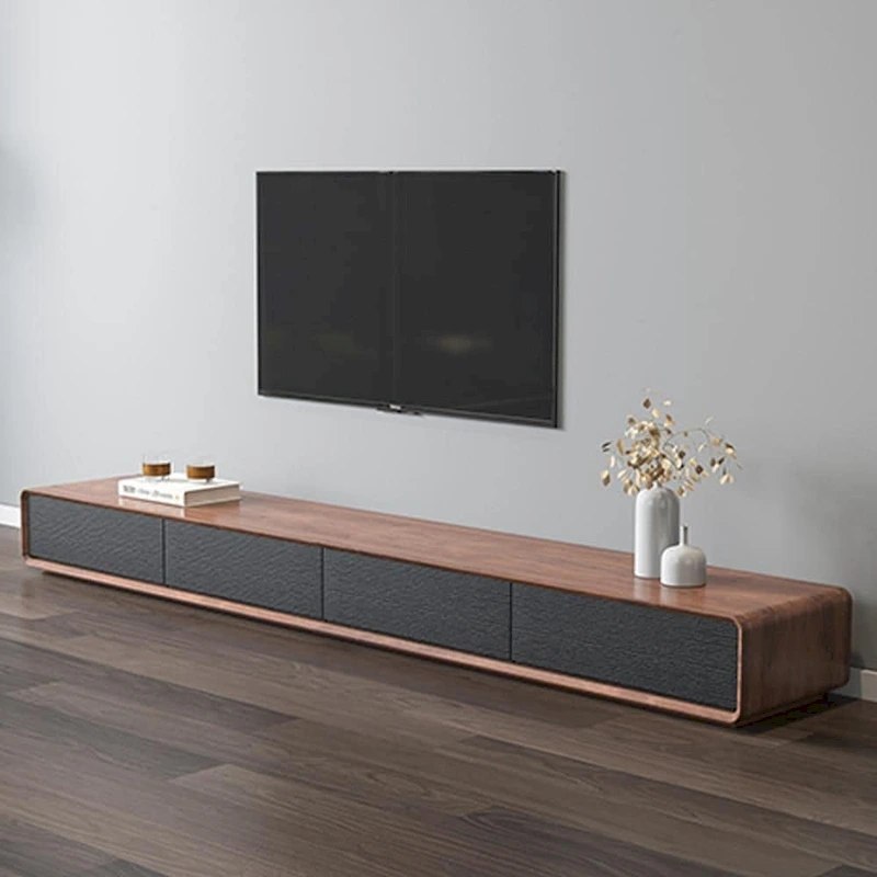 Modern Rectangular TV Stand with 4 Drawers, Wood Veneer Media Console, Walnut White, Soild Wooden, Fully-Assembled
