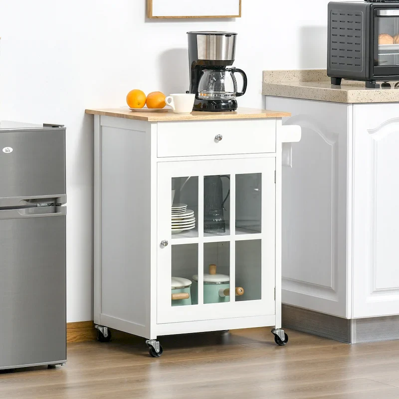 27 Rolling Kitchen Island Cart with Drawer and Glass Door Cabinet, Kitchen Trolley with Adjustable Shelf and Towel Rack