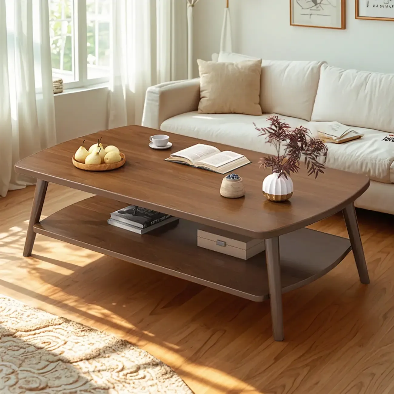 2-Tier Scandinavian Wooden Coffee Table with Storage Design
