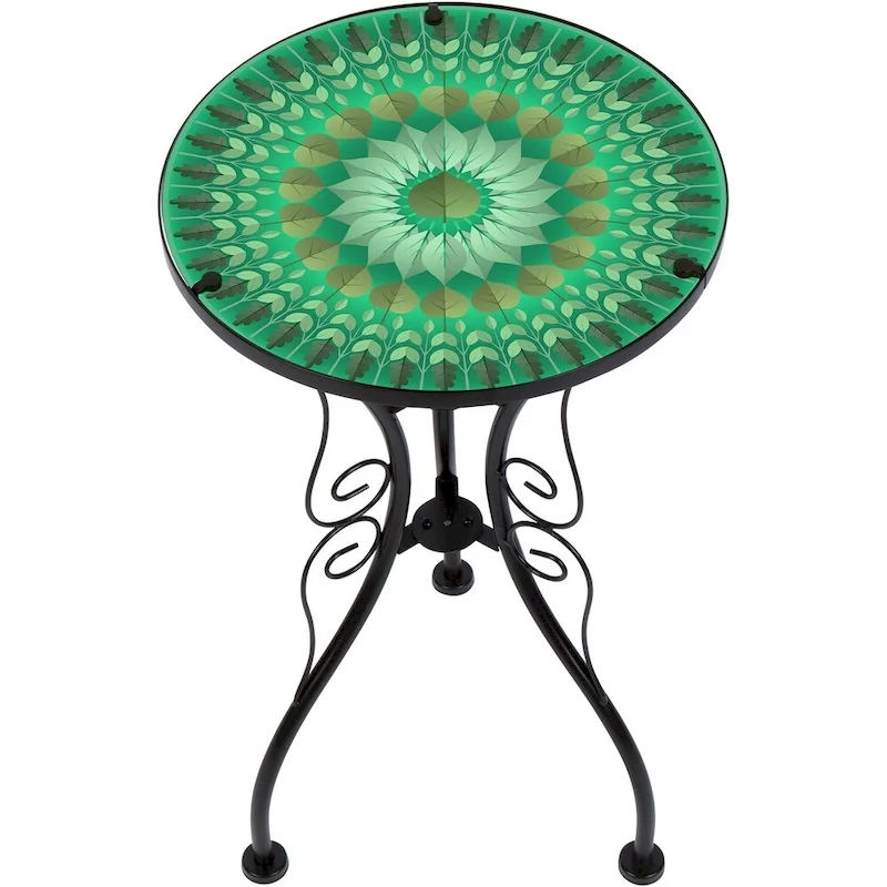 Leaf Design Glass & Metal Side Table – Clear / Bronze, Round, Single
