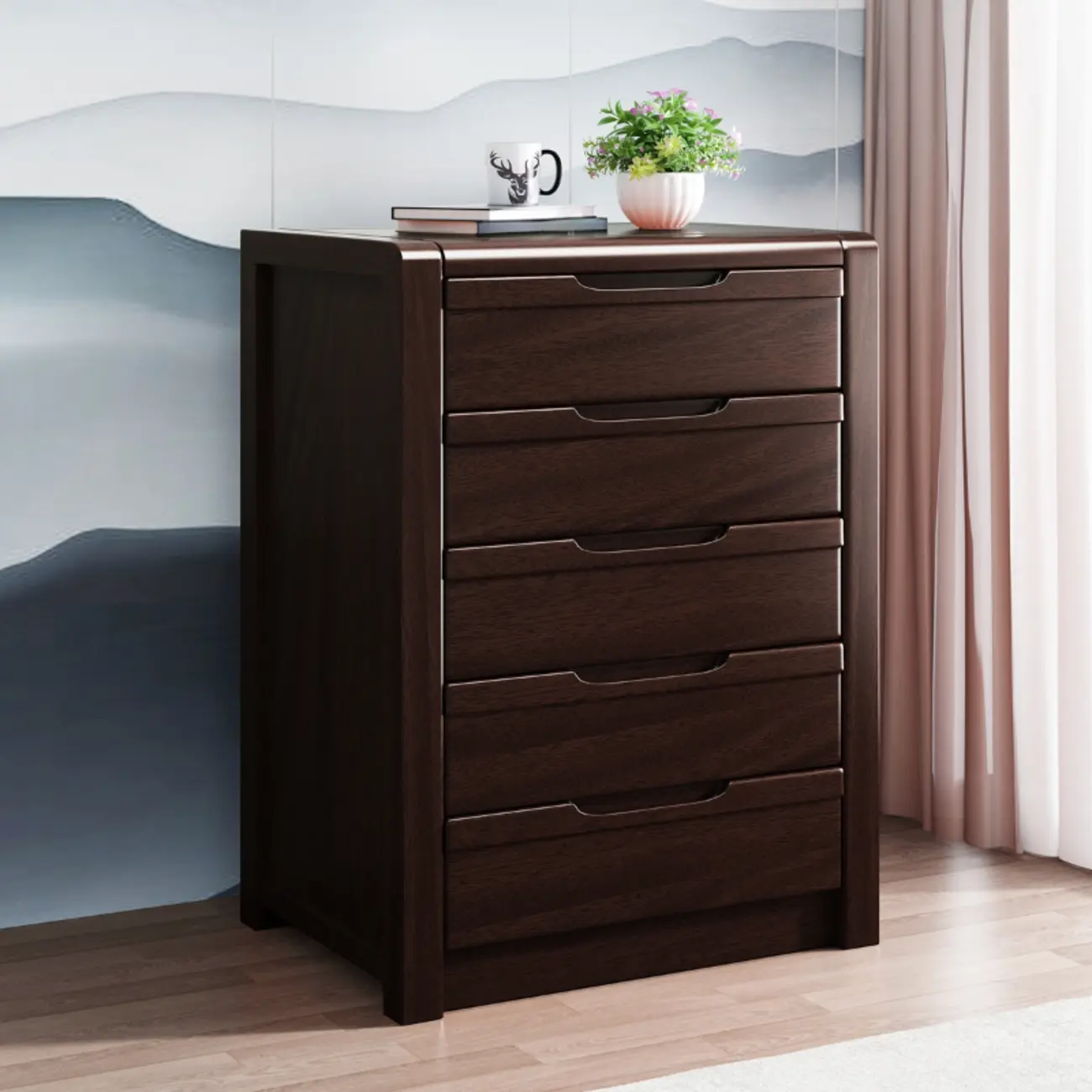 Freestanding Mid-Century Brown Solid Wood Cabinet with Drawers