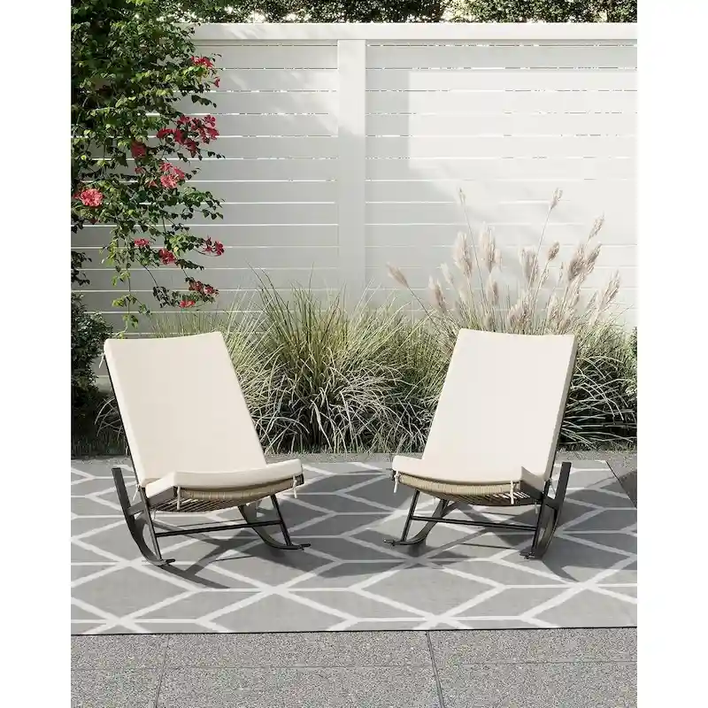 2-Piece Outdoor Rocking Chairs with Thick Cushion and Iron Frame
