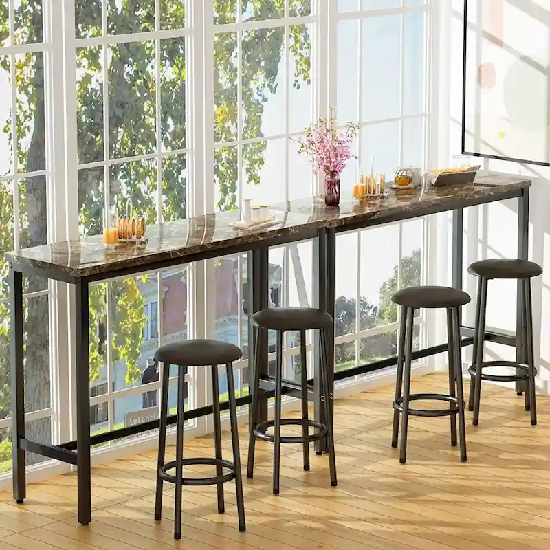3 Piece Kitchen Pub Dining Set, Modern Faux Marble Counter Height Bistro Bar Table Set with 2 PU Leather Bar Stools