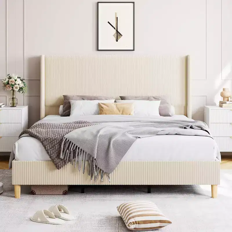 Bed Frame, Upholstered Platform Corduroy Bed Frame with Vertical Channel Tufted Wingback Headboard, Strong Wooden Slats, No Box Spring Needed