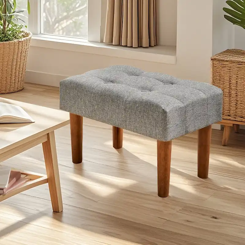 2 Pcs Small Foot Stool Ottoman, Linen Ottoman Foot Rest with Legs, Rectangle Upholstered Footrest