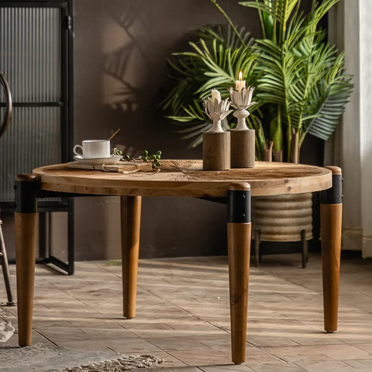 Modern Round Natural Wood Four Legs Coffee Table Dining Table