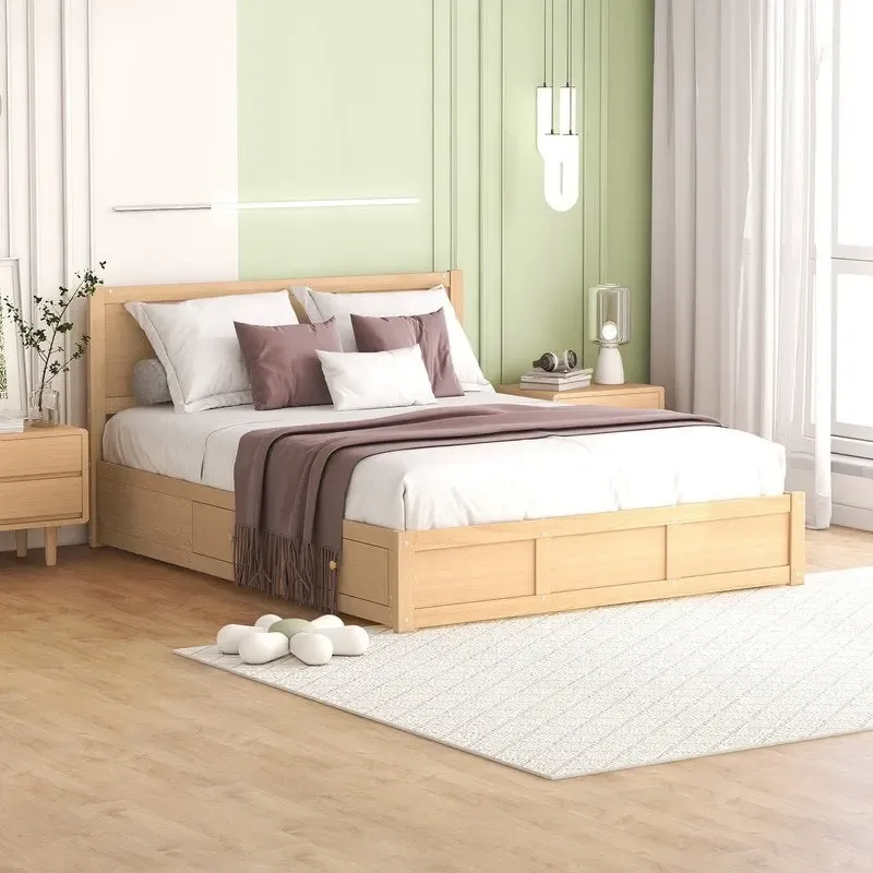Wood Platform Bed with Underneath Storage and 2 Drawers, Wood Color