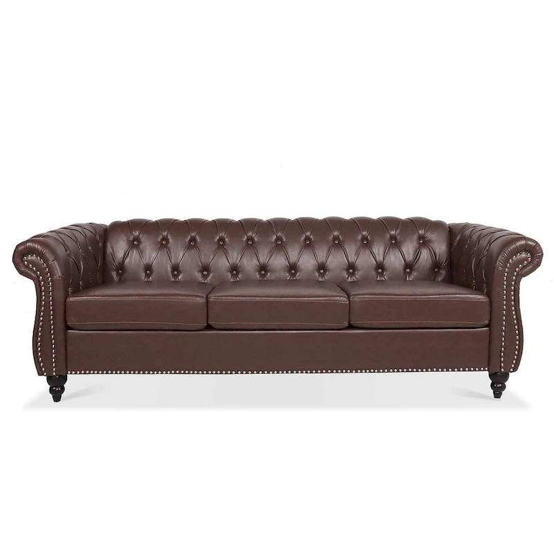 84.65 Chesterfield Tufted Faux Leather Sofa with Rolled Arms