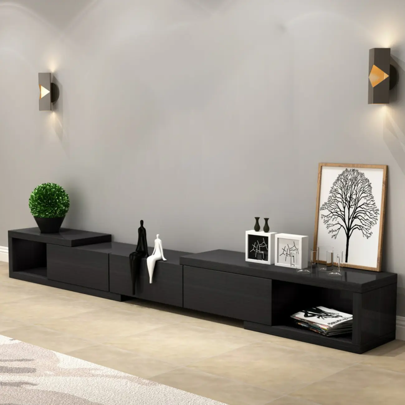 102 White Long Wooden Open Storage TV Stand with Drawers