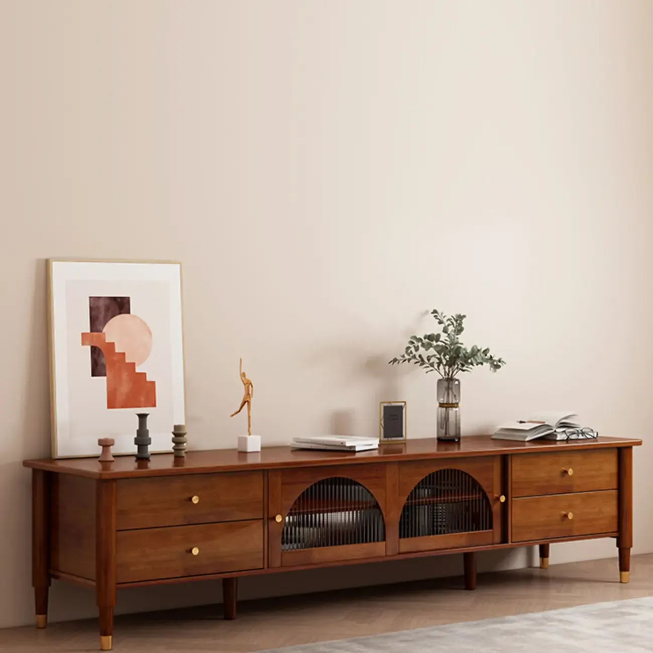 Long Brown 2-Drawer Pine Modern TV Stand with Cabinet