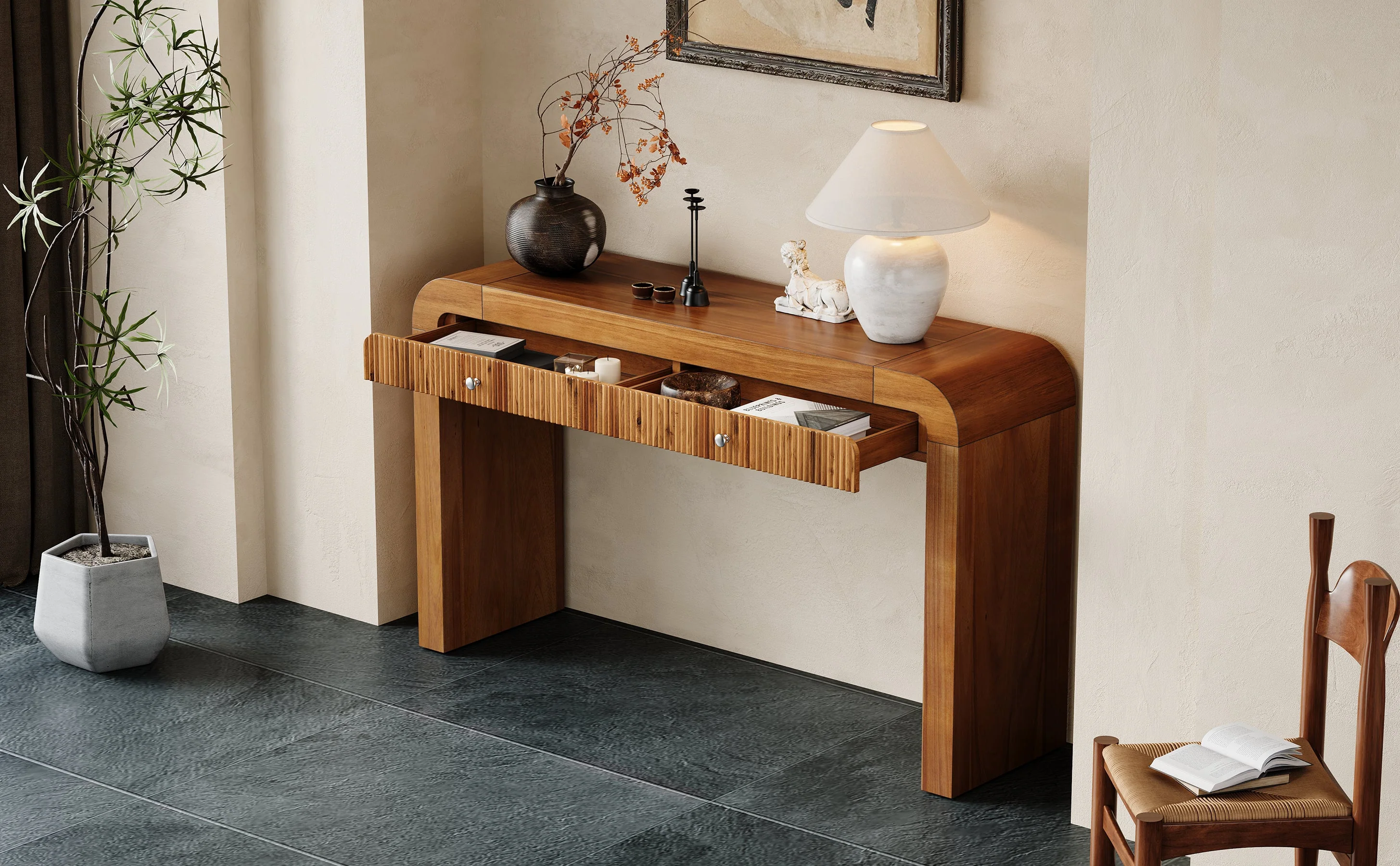 Walker Edison | Entryway Fluted Curve Design Console/Desk Table with Drawers