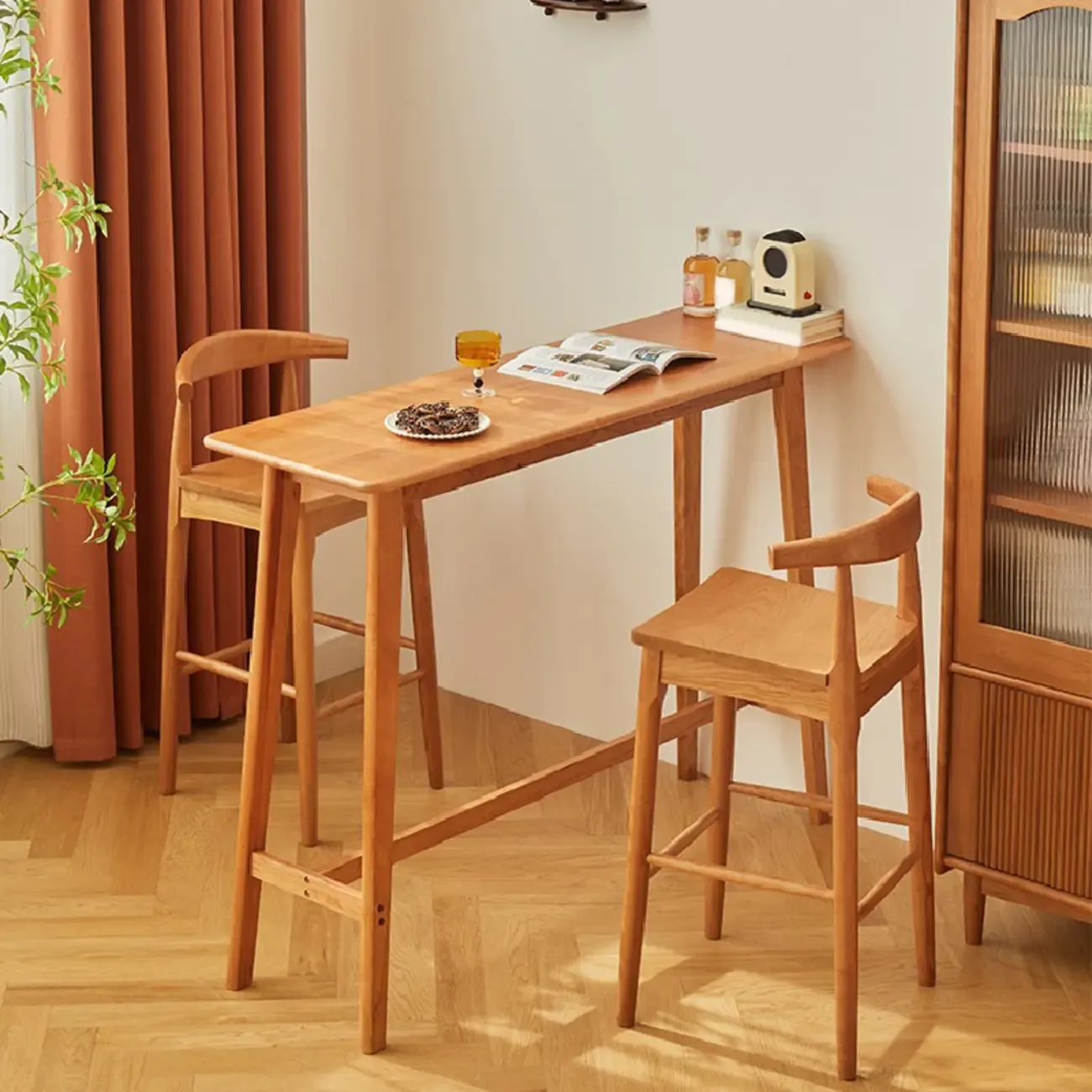 Scandinavian Cherry Wood Narrow Bar Table with Footrest for Dining