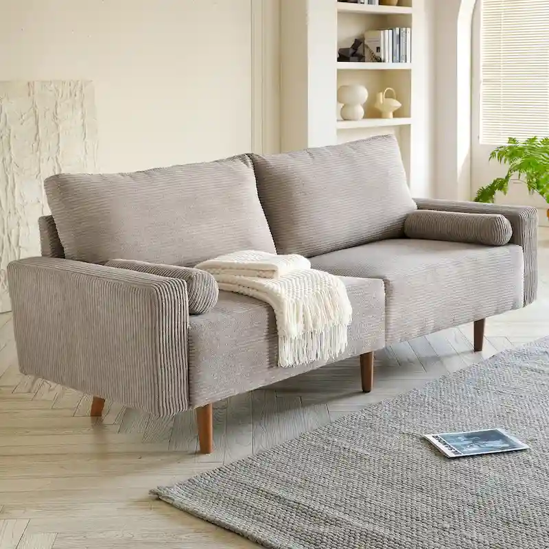 HOOOWOOO Mid-Century Modern Upholstered Sofa Couch with Rolled Pillows