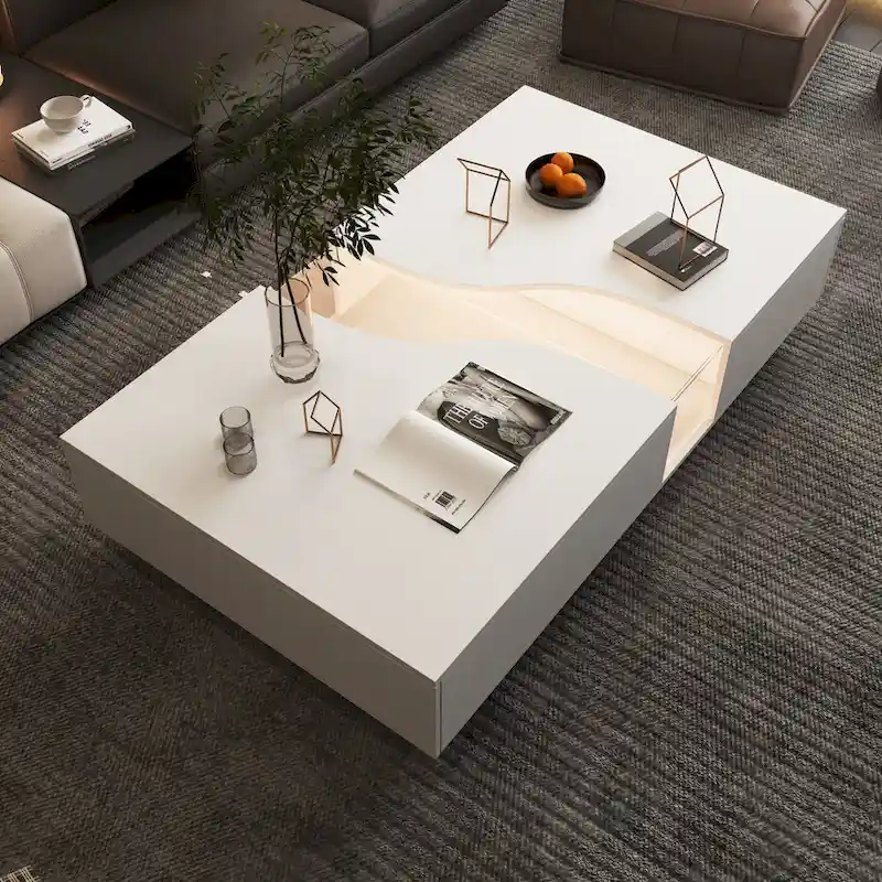 Luminous Chic: White Dual-Drawer Coffee Table with LED Display Top