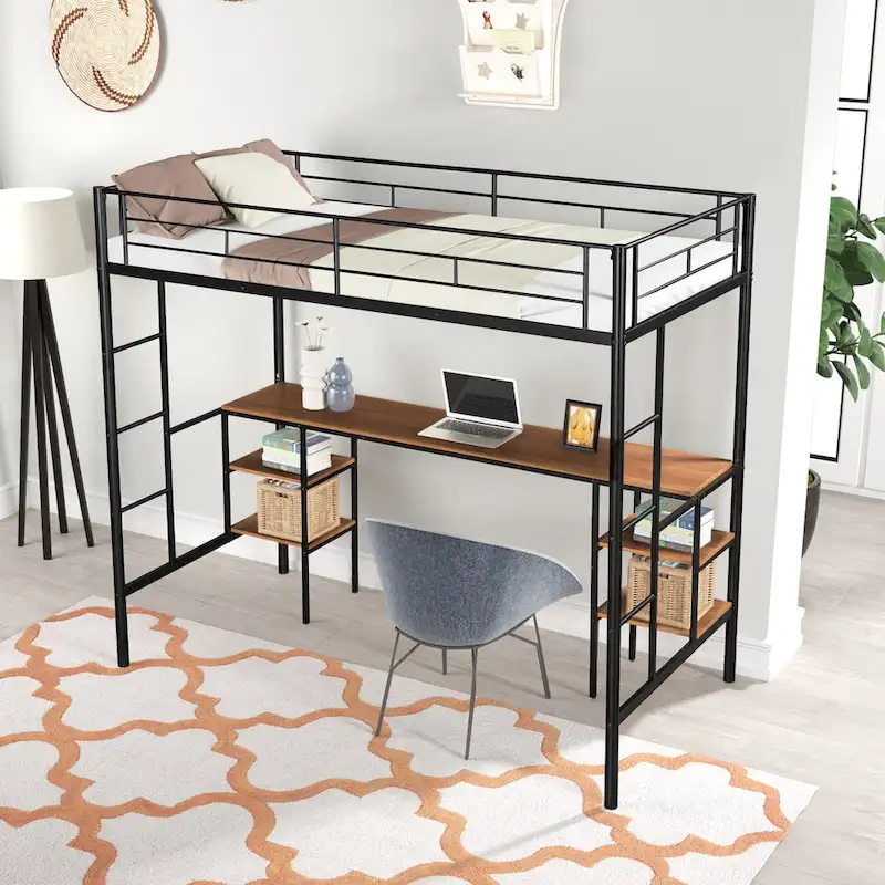 Twin Metal Loft Bed with Table & Shelves